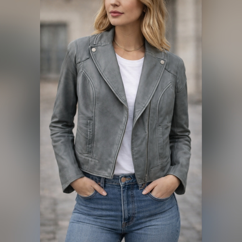 Christian Weber Women's Gray Genuine Leather Moto Jacket Size S Biker Style